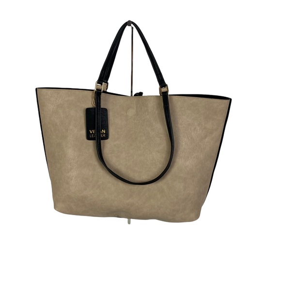 Accessories - Vegan Leather  Clean Cut Tote Purse Beige Butternut Wood/Black